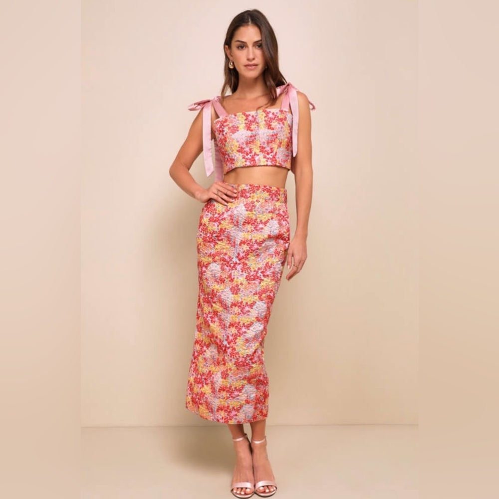Lulus Ellarina Pink Multi Metallic Tie-Strap Two-Piece Midi Dress